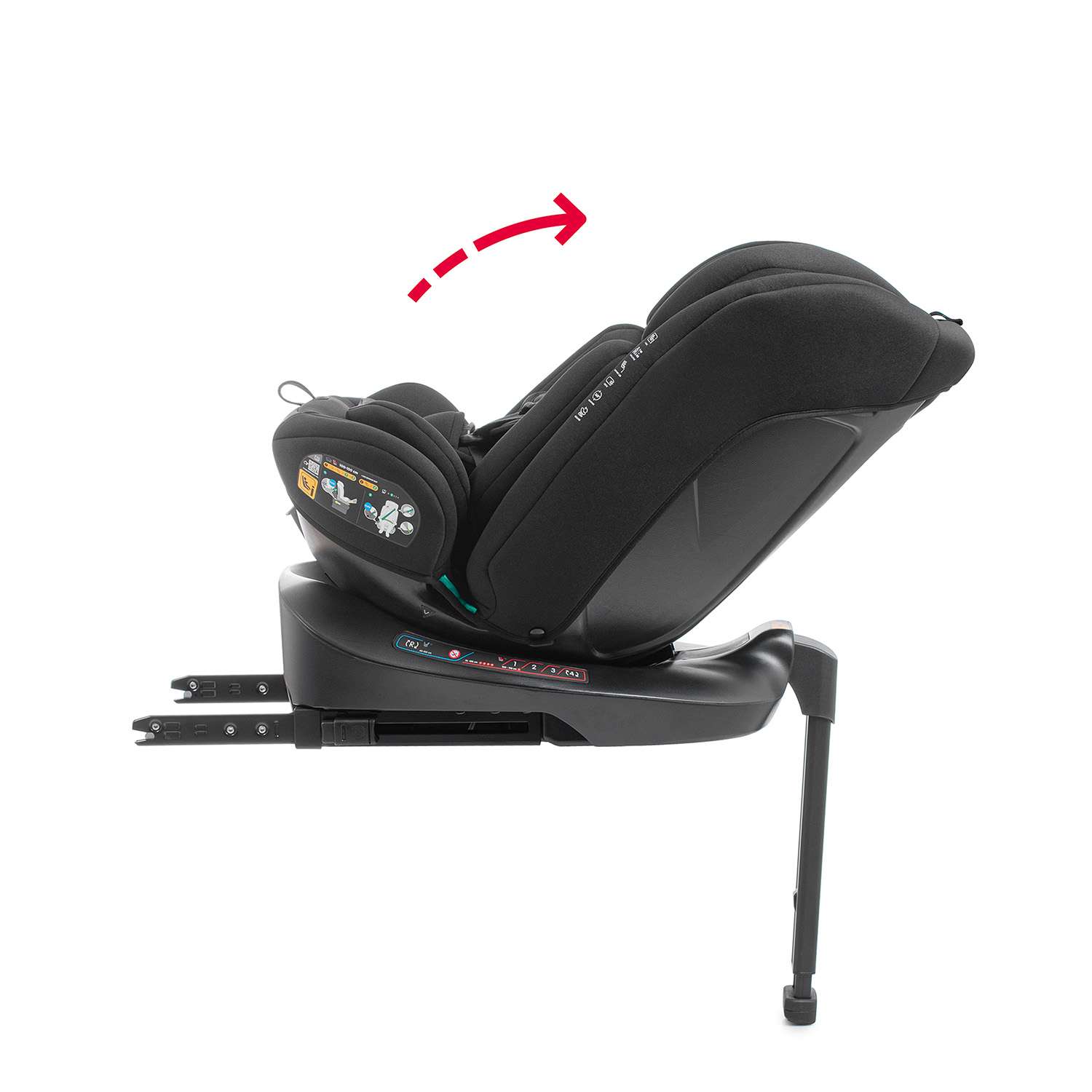 La silla de coche Jade i-fix se reclina cuando está instalada a contramarcha.